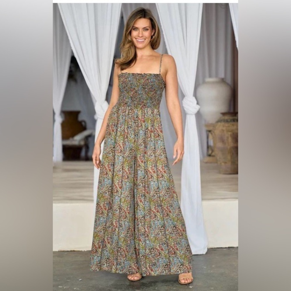 Hailey & Co.  Paisley printed jumpsuit with smocked bodice and wide legs